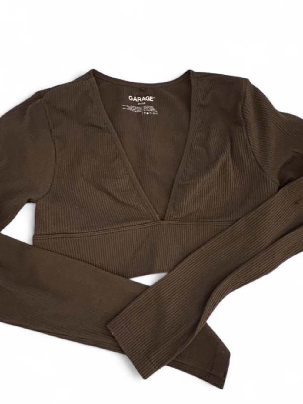 Garage Brown Ribbed Cropped Deep V-Neck Long Sleeve Top